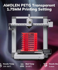 3D printer with PETG 1.75mm filament bundle, showing nozzle temp range 230-260°C, bed temp 30-65°C, nozzle size 0.4mm.