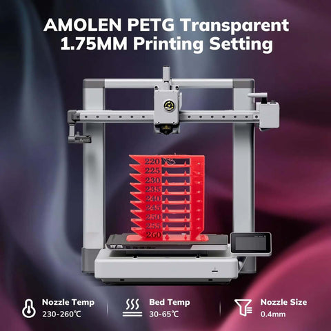 3D printer with PETG 1.75mm filament bundle, showing nozzle temp range 230-260°C, bed temp 30-65°C, nozzle size 0.4mm.
