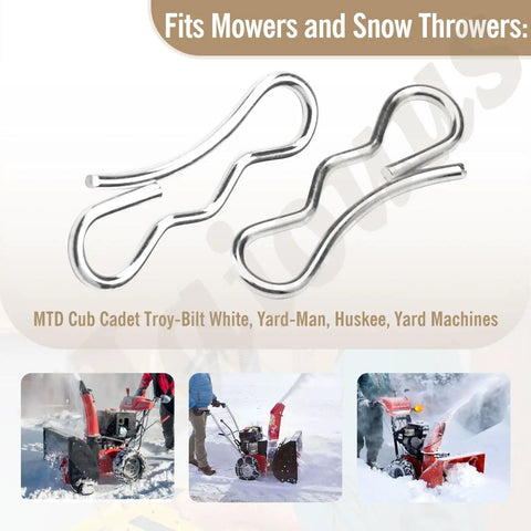 30 Pack Bow Tie Cotter Pins For MTD Cub Cadet Troy-Bilt Craftsman And More Compatible With 714-04040 71404040 And 714-0104 Replacement Pins For Lawn Mowers And Snow Throwers, shown with snow throwers
