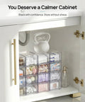 Compact Clear Stackable Storage Drawers Four Pack Super Sleek Plastic Organizer Bins For Narrow Bathroom Counters Under Sink Vanities And Kitchen Shelves Clean Up Like A Pro Fast in organized cabinet showing various supplies.