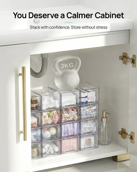 Compact Clear Stackable Storage Drawers Four Pack Super Sleek Plastic Organizer Bins For Narrow Bathroom Counters Under Sink Vanities And Kitchen Shelves Clean Up Like A Pro Fast in organized cabinet showing various supplies.