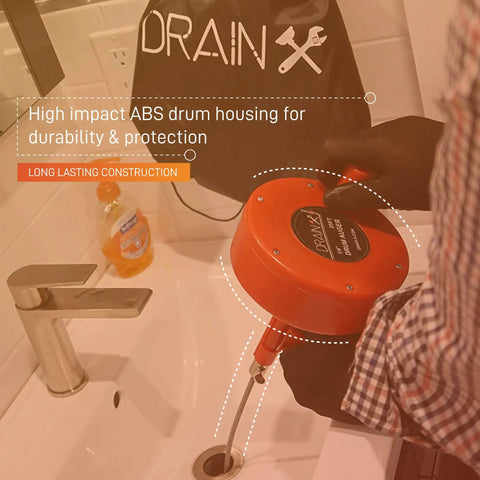 25 Foot Drain Auger Snake For Fast Clog Busting Flexible Quarter Inch Steel Cable Works On One And A Quarter To Two Inch Pipes Includes Work Gloves And Storage Bag For Handy Home Plumbing Repairs being used in a bathroom sink