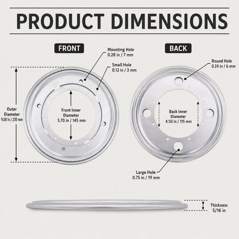 Product dimensions for Built Tough Lazy Susan Hardware Six Pack, 9 Inch Turntable Bearings, showcasing holes and measurements.