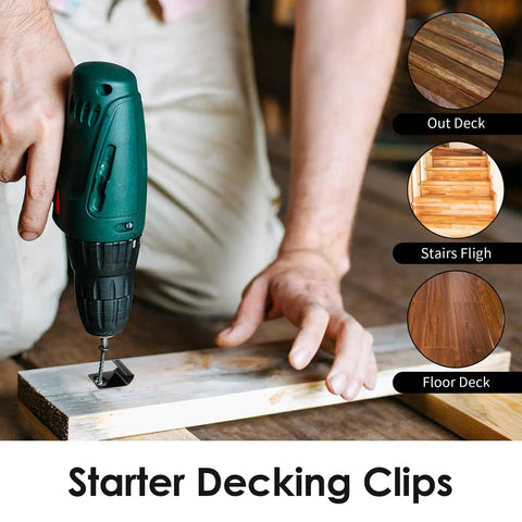 Person using a drill to install Heavy Duty Stainless Steel Starter Deck Clips With Universal Hidden Fasteners For Composite Decking.