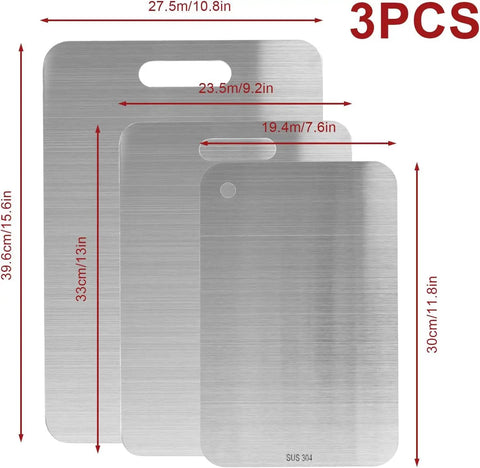 Three Piece Stainless Steel Cutting Board Set With Double Sided Thick Boards For Home Kitchen Cooking Includes Small Medium And Large Sizes Food Grade 304 Stainless Rust Resistant And Easy To Clean displayed with sizes labeled