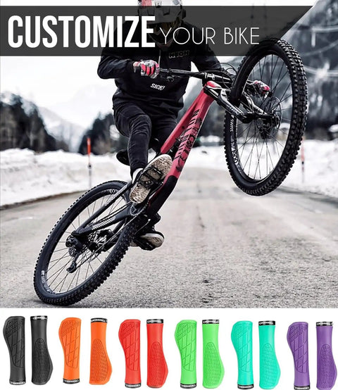 Cyclist performing a wheelie on a mountain bike with various colorful Ergonomic MTB Grips With Wrist Support For 22.2mm Bars shown below