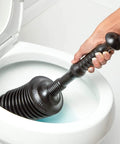 Heavy Duty Toilet Plunger Kit With Tall Bucket Black Air Release Valve And 8 Cup Water Displacement in use unclogging a toilet