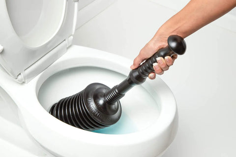 Heavy Duty Toilet Plunger Kit With Tall Bucket Black Air Release Valve And 8 Cup Water Displacement in use unclogging a toilet