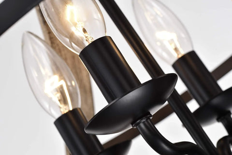 Close-up of Matte Black Metal Open Cage 4 Light Semi Flush Mount With Dope Wood Grain Finish in Brown Indoor Ceiling Light Fixture