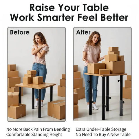 Before and after image showing Heavy Duty Adjustable Table Risers Four Pack Foldable Table Leg Extenders in use.