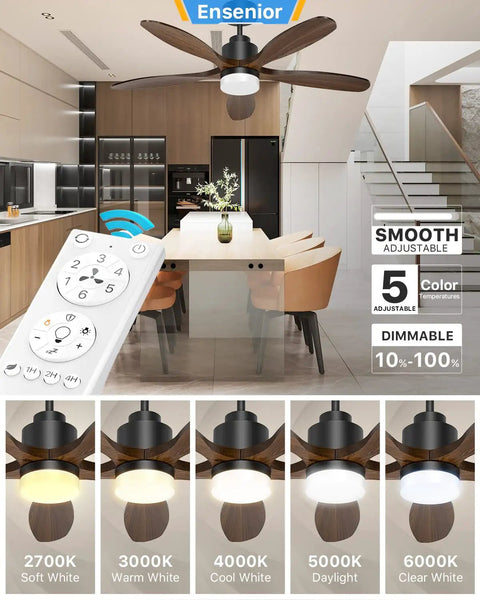52 Inch Ceiling Fan With Remote And Light, Five CCT Options, Dimmable LED, 1200 Lumens, 18W, Five Wood Blades, Reversible DC Motor