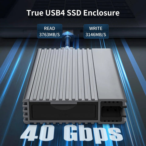 Zero Hassle Usb 4 M2 Nvme Ssd Enclosure With Toolless Build And Up To Forty Gigabit Transfer Speeds For Lightning Quick File Swaps Across All Your Gear, grey aluminum design, showing connection ports and speed indicators.