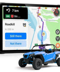 Built Solid Android 14 Rugged Tablet With 8.68 Inch Display Featuring GPS For UTV Off Road Adventures showing GPS map with blue UTV model.