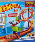 Hot Wheels Figure Eight Jump Track Set with 1:64 scale vehicle and two-foot tall track for high-speed racing, rad stunts.