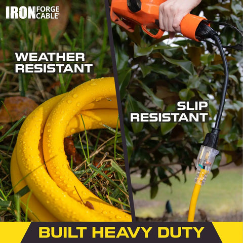 Weatherproof Outdoor Extension Cord 25 Ft Heavy Duty 14/3 SJTW 15 Amp Yellow 3 Prong Lighted End For Power Tools And Lawn Care