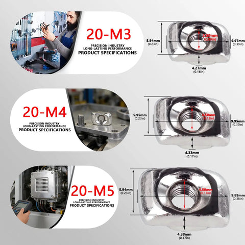 Tough As Nails Hammer Head T Slot Nuts For 2020 Aluminum Extrusion Frames M5 Drop In Fasteners, precision specifications for M3, M4, M5.
