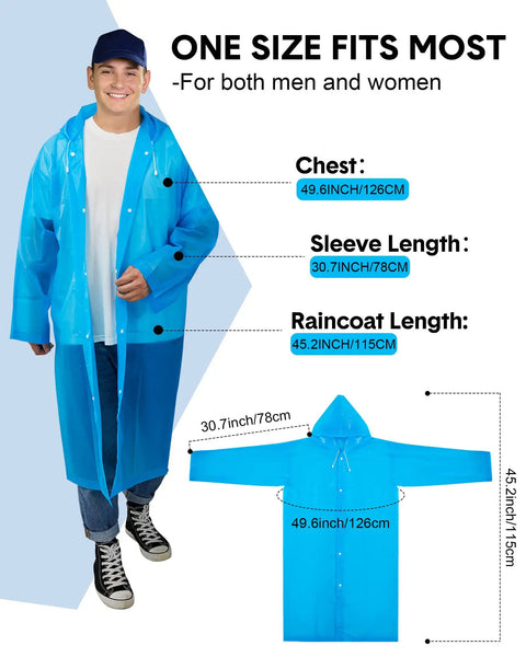 Man wearing one of the 14 Pack Reusable EVA Rain Ponchos for Adults with Drawstring Hoods Waterproof Rain Gear; size details shown.
