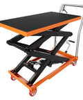 Hydraulic lift table cart with orange frame and black textured platform, manual double-scissor lift with locking wheels