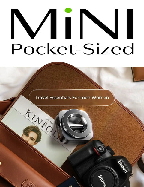 Mini pocket-sized travel gadget in leather bag with magazine and camera, ideal for men and women essentials.