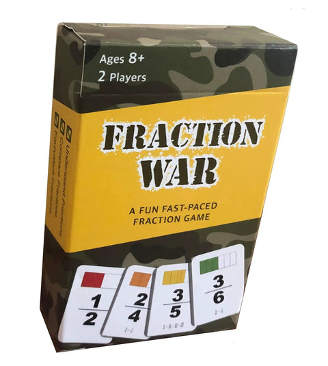 Box of 'Fraction War' card game for ages 8+ featuring colorful fraction cards for two players.