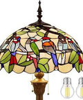 Tiffany Style Amber Stained Glass Floor Lamp With Double Birds, 64 Inch Antique Pole, LED Bulbs, Warm Glow for Home Decor