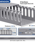 Pro Grade Cable Management Raceway Kit for Server Racks showing dimensions, 4 sections totaling 95in with open slot design and PVC material