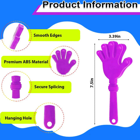 Product details of Eight Piece Hand Clappers 7.5 Inch Clapping Noisemakers: smooth edges, ABS material, secure splicing, hanging hole.