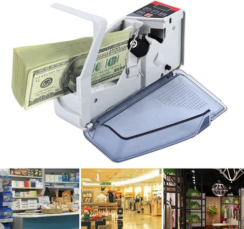 Portable Money Counter Machine Fast 600 Bills Per Minute Mini Cash Counter With Multi Currency Support in use on desk