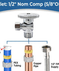 Chrome angle stop valve with 1/2 in compression inlet and 3/8 in compression outlet; 1/4-turn shut-off