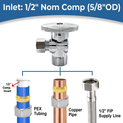 Chrome angle stop valve with 1/2 in compression inlet and 3/8 in compression outlet; 1/4-turn shut-off