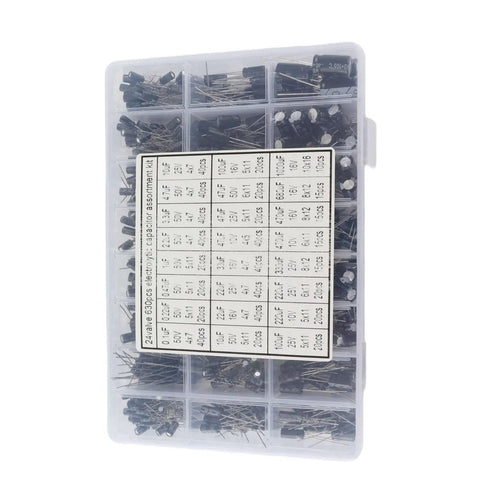 Must-Have 630Pcs Aluminum Electrolytic Capacitor Kit With 24 Values And High Precision For Repairs organized in a durable box.