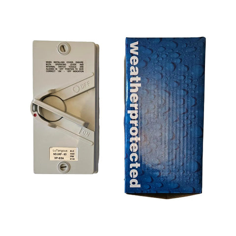 Front view of Beefy Outdoor Disconnect Switch Box 440V 63A 3P with lever in off position and weatherprotected packaging.