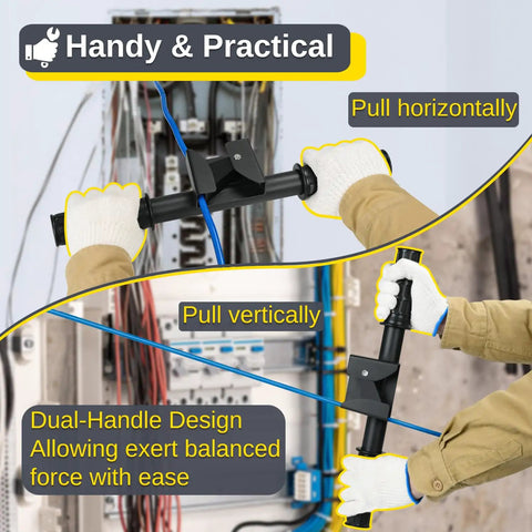 Manual Rope Puller Tool For Fish Tape And Wire Tug, Heavy Duty Wire Tugger Gripper shown in use with dual handles for balanced pulling.
