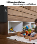 Quick Draw Concealed Handgun Safe With Smooth Slider Design And Hidden Fingerprint Lock For Nightstand Or Wall Mounting Featuring Lightning Fast One Second Unlock Plus No Sweat Pin Code Setup beside a child playing.