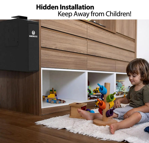 Quick Draw Concealed Handgun Safe With Smooth Slider Design And Hidden Fingerprint Lock For Nightstand Or Wall Mounting Featuring Lightning Fast One Second Unlock Plus No Sweat Pin Code Setup beside a child playing.
