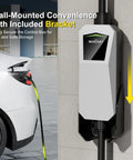 Wall-mounted 40 Amp Level 2 EV Charger With 240V NEMA 14-50 Plug for Tesla Models S, 3, X, Y attached to car