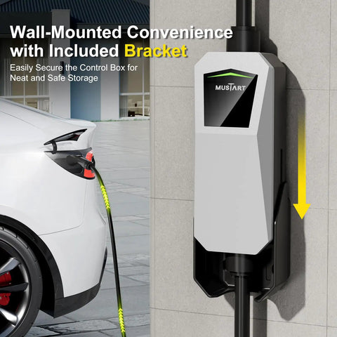 Wall-mounted 40 Amp Level 2 EV Charger With 240V NEMA 14-50 Plug for Tesla Models S, 3, X, Y attached to car