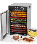 Rock Hard Electric Food Dehydrator With 12 Sturdy Trays And A Roaring 1200 Watt Motor stacked with dried fruits and jerky.