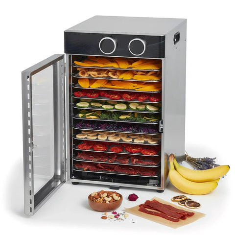 Hassle Free Electric Countertop Food Dehydrator Featuring Twelve Roomy Racks And A No Sweat 1200 Watt Motor For Drying Juicy Fruits Savory Beef Jerky And Homemade Pet Snacks with fruits and jerky visible