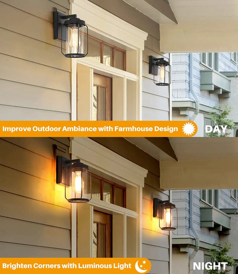 Two Pack Matte Black Outdoor Wall Lights With Clear Glass For Front Door, Garage, And Yard by day and night.