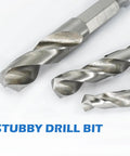 Close-up of Compact Metal Drill Bit Set With One Quarter Inch Hex Shank M2 High Speed Steel For Quick Change Short Bits For Tight Spaces And Right Angle Adapters Includes Thirty Second One Eighth Sixteenth One Quarter Five Sixteenth Inch Sizes in use