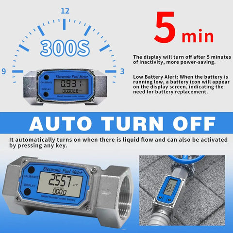 2 Inch Digital Turbine Flow Meter With NPT Thread for Water and Fuels, showing LCD screen and automatic turn-off feature.