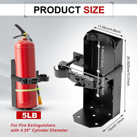 Heavy Duty Fire Extinguisher Wall Mount Bracket for Home Car Truck and Boat fits 5 lb dry extinguisher, black metal holder, dimensions shown