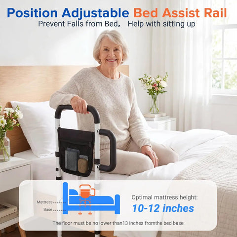 Adjustable Bed Rails For Seniors With Non Slip Grab Bar And Storage Pocket ASTM Approved Bed Cane in bedroom setting