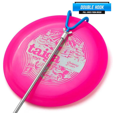 Telescoping Disc Golf Retriever Pole 16 Inches To 16 Feet Blue Grabber For Quick Disc Recovery next to pink disc