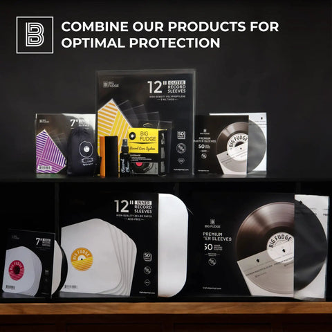 Display of vinyl record sleeves, including Crystal Clear 3 Mil 7 Inch Vinyl Outer Sleeves Pack 100 Count, on shelf.