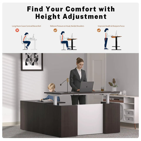 Upgrade Your Daily Grind With This Premium Executive Standing Desk Featuring Smooth Dual Electric Motors Four Memory Presets And Secure Storage L Shaped Khalba Oak Design with a person and child using it.