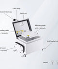 Diagram of IP65 Weatherproof Heavy Duty Metal Wall Mount Enclosure Box with open cover showing mounting plate and parts