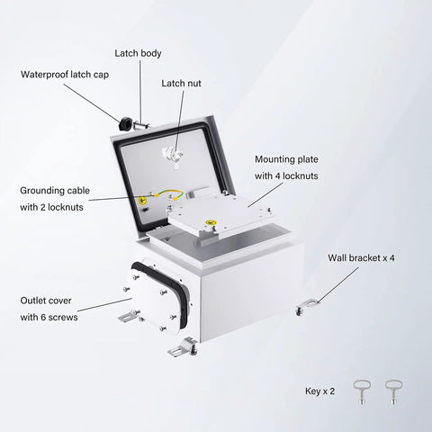 Diagram of IP65 Weatherproof Heavy Duty Metal Wall Mount Enclosure Box with open cover showing mounting plate and parts