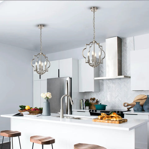 Brushed Nickel 4-Light Farmhouse Chandelier With Geometric Orb Pendant Adjustable Height Ceiling Light over kitchen island